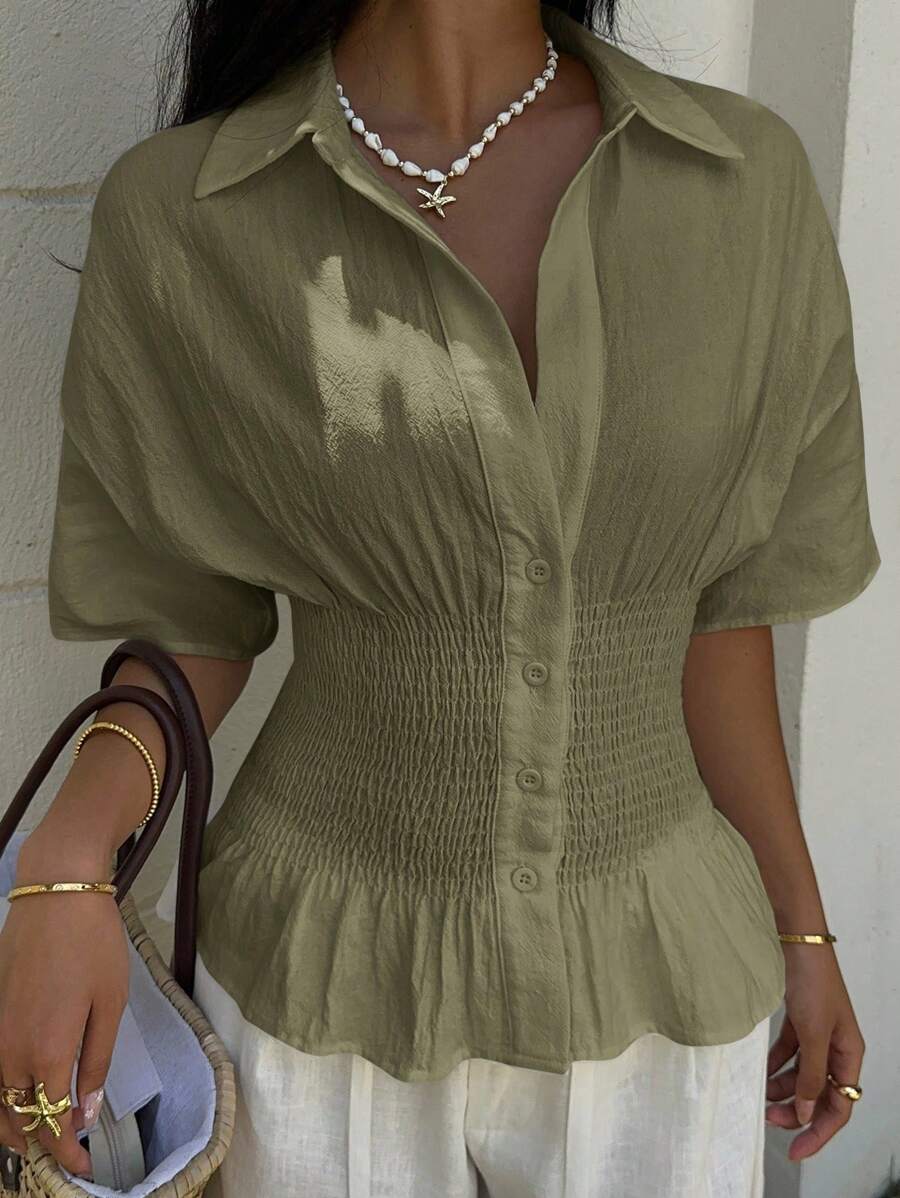 SHEIN EZwear 橄榄绿色梭织褶腰休闲短袖女衬衫 - 軍綠色 - 查看 1