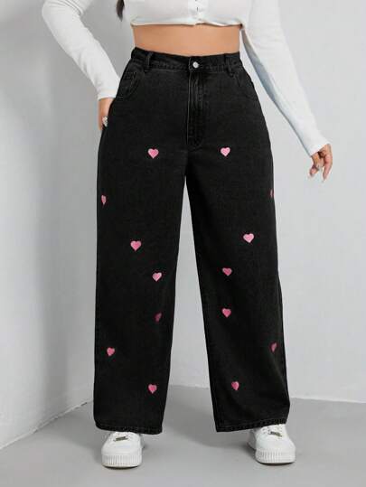 SHEIN EZwear Plus Heart Embroidery Wide Leg Jeans Wide Jeanswide Leg Jeans Girlswide Leg Jeans Womanwide Leg Denim Pants