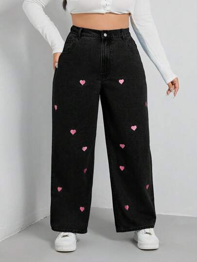 SHEIN EZwear Pantalones vaqueros de pierna ancha con bordado de corazón en talla grande