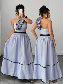 Elenzga Plus Size Women 2-Piece Set:Ruffle Trim Asymmetric Shoulder Jumpsuit & Black Splicing Skirt,Light Blue,Summer,Curve,Elegant,Cocktail Party Vacation - Multicolor - View 1