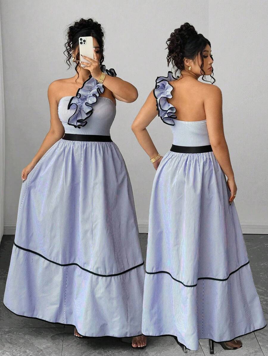 Elenzga Plus Size Women 2-Piece Set:Ruffle Trim Asymmetric Shoulder Jumpsuit & Black Splicing Skirt,Light Blue,Summer,Curve,Elegant,Cocktail Party Vacation - Multicolor - View 1