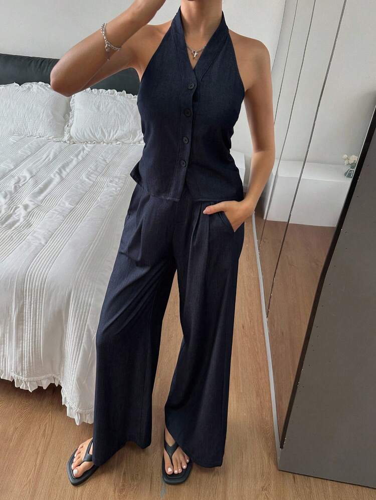 Casual Solid Color Halter Top And Wide Leg Pants 2pcs Set For Women