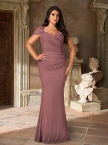 Aureia Plus Size Summer Elegant Romantic Lotus Pink Sweetheart Neckline Back Sleeves Gathered Slim Fishtail Hem Suitable For Dinner Bachelorette Party Date Dance Holiday Wedding Event Bride Bridesmaid Dress - Dusty Pink - View 1