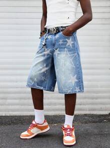 ROMWE MEN Street Life Shorts in jeans casual e ampi con stampa a pentagono sulla tasca, da uomo - Blu - Visualizzare 6