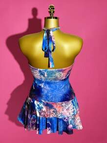 Slaydiva 2025 夏季新款音乐节、复活节、西部风情、游牧风、派对、泳池性感、度假、邮轮旅行、海滩、日光浴、时尚名人、度假、甜美、性感、透视、飘逸、半透明、舒适、梦幻夜空与海洋蓝色印花、精致金属贝壳装饰、双褶边下摆女式迷你连衣裙 - 藍色 - 查看 2