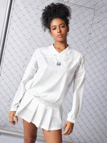 SHEIN Sports بدلة رياضية نسائية كاجوال مكونة من بلوزة فضفاضة بكتف منسدل وطبعة حروف وتنورة قصيرة مطوية، ملابس العودة إلى المدرسة، التخرج، العودة إلى المدرسة، طقم ملابس رياضية نسائية أنيقة لليوجا والرياضات النسائية، طقم ملابس رياضية كاجوال للأنشطة الخارجية، طقم تمرين نسائي، طقم تنورة بيضاء وسويت شيرت، ملابس الشارع، أسلوب الموضة، Y2K، ريترو - أبيض - مشاهدة 4