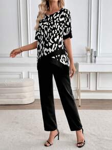 EMERY ROSE 2pcs Summer Women Allover Allover Print Short Sleeve Top And Solid Color Pants Set Fall Women Clothes Fall Clothes For Women Fall Outfits Women Autumn Clothes Fall Outfits Autumn Winter Clothes For Women Winter Business Casual Woman Usiness Casual Outfits Women Usiness Casual Outfits Women Country Country Outfits Women Old Money Basic Teacher Outfits For Women Oing Out Tops Women Back To School - Brown - View 6