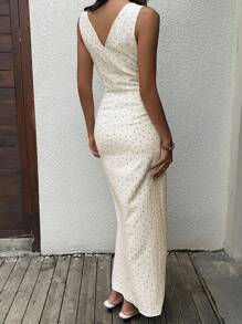 Sunnyshic Textured Ditsy Floral V-Neck Waist Cinched A-Line Long Dress