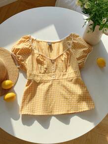 SHEIN EZwear Summer Casual Yellow & White Plaid Woven Ladies Blouse - Yellow - View 3