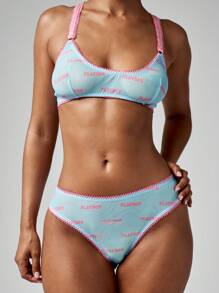 Missguided x Playboy 精致内衣文胸和内裤套装复古风格网眼设计超舒适家居服内衣套装，日常舒适春夏系列 - 彩色 - 查看 1