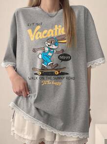 DAZY T-shirt ample pour femmes avec motif de dentelle contrastée imprimé, t-shirts graphiques, enseignante - Gris - Voir 3