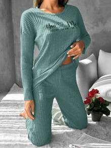 EURMUSE Women's Printed Text & Striped Ribbed Knit Homewear Set - Dark Green - View 3