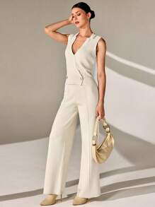 CLARA VERO Elegancki dwurzędowy krój z dekoltem mandaryńskim, zapinany na dwa guziki, bez rękawów, jednolity kolor, kamizelka i szerokie nogawki, jednokolorowe, gładkie, dzianinowe spodnie, 2 sztuki