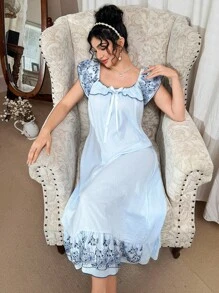 复古宫廷荷叶边蝴蝶结装饰，露肩花卉刺绣蕾丝拼布睡袍，女士睡衣裙，蕾丝刺绣睡袍，睡衣裙，夏季睡袍刺绣睡袍，Moo Moo 睡裙 - 藍色 - 查看 3