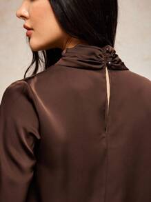 House of One Ruched Mock Neck Long Sleeve Satin Top Women Elegant Casual Old MoneyTop Brown Top Brown Blouse Chocolate Brown Top Dark Brown Top Coffee Brown Top Fall Women Clothes Office Old Money Outfits For Women Fall Outfits Business Professional Women Business Casual Woman