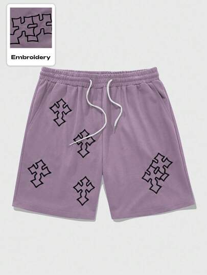 Goth Men's Cross Embroidery Print Drawstring Waist Pocket Casual Shorts