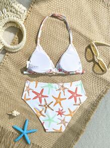 青少年女孩比基尼套装 - 海星印花，针织面料，2 件泳衣套装，时尚休闲优雅泳装，适合游泳、度假、夏季 - 粉色 - 查看 2