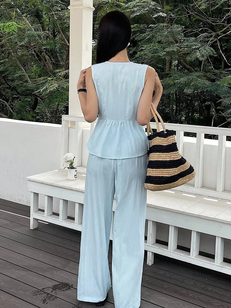 2pcs Women's Set - Solid V-Neck Twist Front Sleeveless Top And Wide Leg Pants