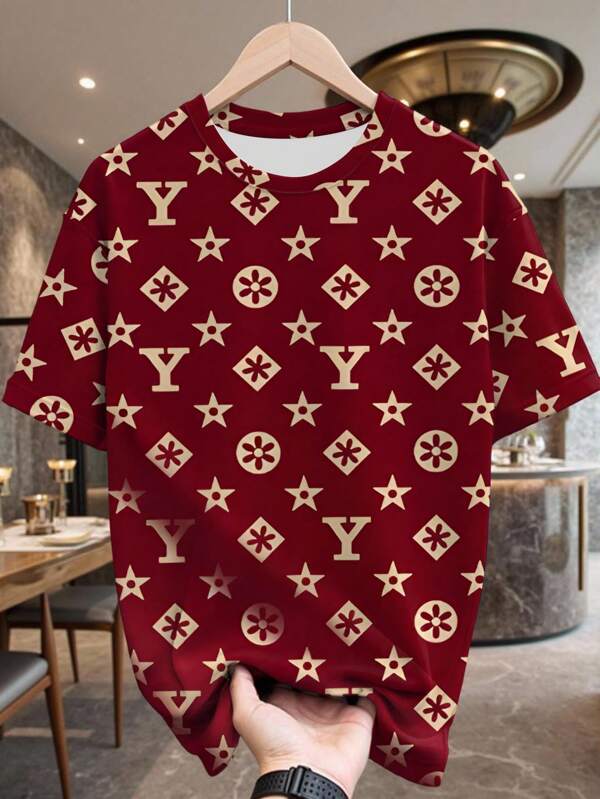 Manfinity Dauomo Regular Fit Men's Letter & Geometric Print Round Neck Casual Short Sleeve T-Shirt