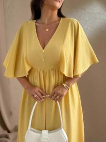 Roveilla Plus Size Women's Elegant French Romantic Vacation Flare Sleeve V-Neck Button Front A-Line Stretchy Waist Beach Maxi Dress, Spring/Summer Plus Size Yellow Maxi Dress Plus Size Yellow Dress Yellow Maxi Dress Casual Long Dress Lemon Dress Lemon Yellow Dress