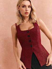 Poéselle 女士复古格子休闲日常穿搭前扣方领上衣，方领上衣，酒红色上衣 - 紅色 - 查看 5