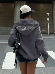 Muchica 女士休闲宽松日常街头风格秋冬拉链连帽卫衣 - 深灰色 - 查看 2