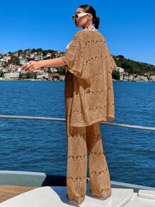 EURMUSE Women Vcay Crochet Knit Three-Quarter Sleeve Kimona And Pant Cover-Up Set Ibiza Outfit