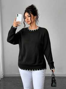 SHEIN Elenzya Plus Size Elegant Black Knit Pullover Contrast White Trim Long Sleeve Sweater, Chic For Work And Casual Wear Knit Pullover Fall Winter - Black - View 4