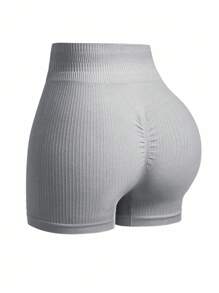 SHEIN Sports 女式高腰条纹休闲无缝运动短裤健身短裤 - 淺灰色 - 查看 4