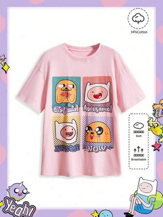Adventure Time X ROMWE T-shirt décontracté à manches courtes et col rond pour femme, motif dessin animé mignon, été