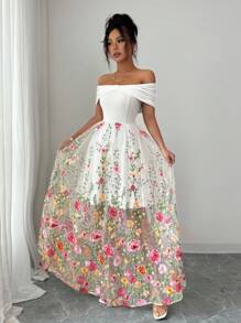 Elenzga Đầm dài lưới hoa trễ vai thanh lịch cho nữ, phong cách nghỉ dưỡng thường ngày, mặc hàng ngày - Nhiều màu - Xem 4