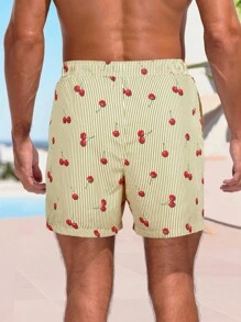 Surfspeed Men's Striped & Cherry Print Pocket Drawstring Waist Beach Shorts, Suitable For Summer Men Cherry Shorts Men Swim Trunks - Khaki - View 2