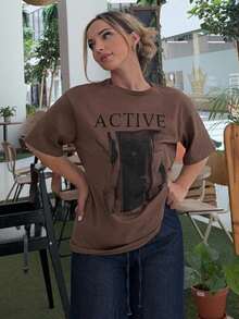 Jeta Ari Women's Loose Fit Short Sleeve T-Shirt With Letter Print Round Neckline ACTIVE Summer - Coffee Brown - View 4