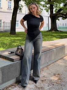 Jeta Ari Casual Washed Retro Mid-Waist Straight Leg Jeans - Dark Wash - View 1