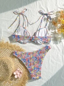 Swim Mod 女式 2 件套碎花细肩带露背比基尼上衣和高开叉比基尼下装，性感比基尼套装，夏季适用 - 彩色 - 查看 2