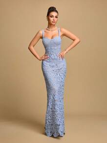 Glamine 女士优雅正式修身长吊带连衣裙 - 水藍色 - 查看 6