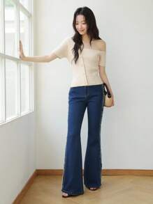 SHEIN EZwear 女式秋季深蓝色牛仔高腰喇叭裤，韩版牛仔裤，万圣节服装，女士教师服装，女士万圣节服装，女士秋季服装，商务休闲女装，Y2k 牛仔裤 - 深色水洗藍 - 查看 6