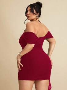 SHEIN BAE 大码女式黑色褶皱下摆荷叶边系带腰部网眼针织露肩弹力休闲迷你连衣裙，适合日常穿着、郊游、约会、下午茶、度假、春夏季、返校季，女士正装 - 酒紅色 - 查看 7