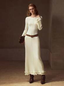 MOTF PREMIUM VESTIDO DE SUÉTER DE AJUSTE SLIM SIN CINTURÓN CON MANGAS DE CAMPANA DE PERLA FALSA - Albaricoque - Ver 6
