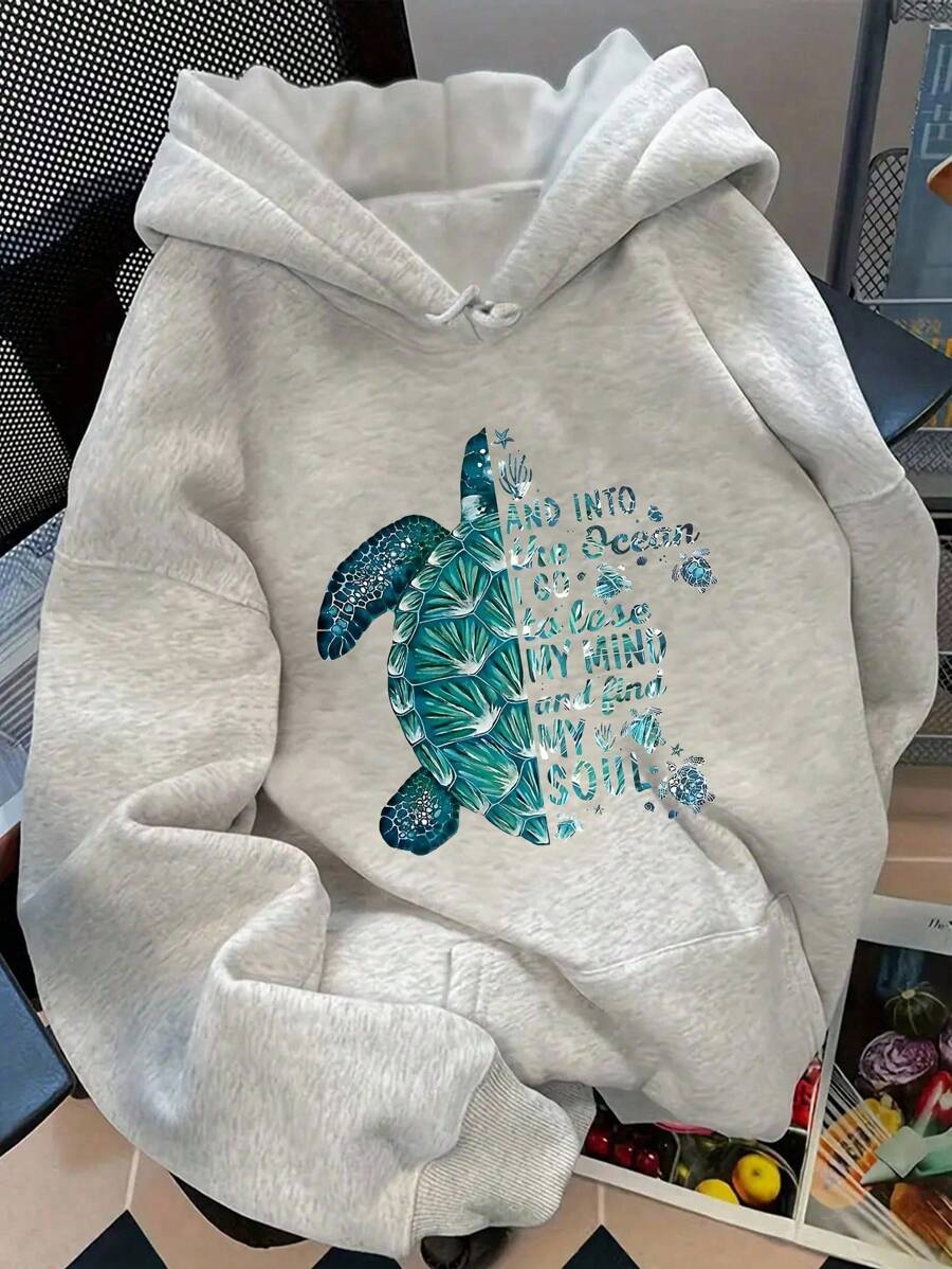 INAWLY 女款落肩字母海龟图案连帽卫衣 - 淺灰色 - 查看 1
