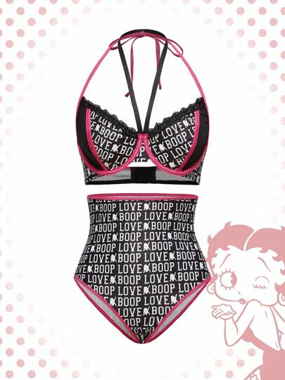 Betty Boop | ROMWE Letter Graphic Padded Bra & Panty Set, Sexy Women's Lingerie Set
