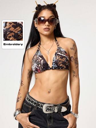 ROMWE Avant Top court à encolure bateaux avec imprimé tigre vintage Y2K et détails de strass