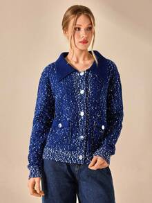 EURMUSE Women Polo Neck Gold Button Detailed Cozy Knit Cardigan Speckled Knit Button Up Cardigan With Flap Pockets And Collar For Casual Chic Fall Looks - Navy Blue - View 4