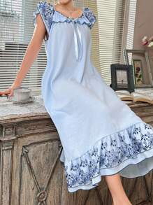 复古宫廷荷叶边蝴蝶结装饰，露肩花卉刺绣蕾丝拼布睡袍，女士睡衣裙，蕾丝刺绣睡袍，睡衣裙，夏季睡袍刺绣睡袍，Moo Moo 睡裙 - 藍色 - 查看 5