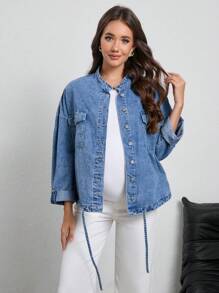 SHEIN 孕妇休闲日常水洗翻折口袋牛仔夹克