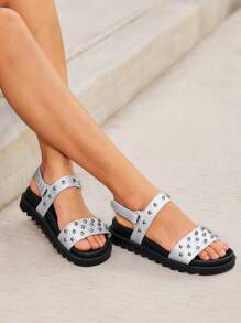 HighSole Sandalias planas de moda versátiles de verano con decoración de remaches de unicolor - Plateado - Ver 5
