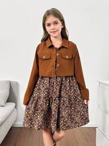 SHEIN Serisse Kids 2pcs Tween Girls' Casual Solid Color Long Sleeve Short Shirt Button Jacket And Floral Allover Print Dress Set, Suitable For Spring/Summer Outdoor Activities, Travel, Daily Wear, Leisure, Vacation And Parties