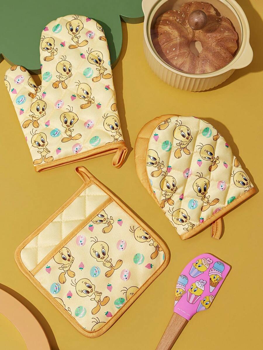 LOONEY TUNES X SHEIN 马尔代夫 & Trilu 芯片印花耐热厨房烘焙配件，可选手套或隔热垫，烤箱适用，厚垫隔热