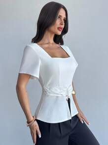 Firerie Women's White Summer Elegant Office Beige Bamboo Texture Short Sleeve Cinched Waist Shirt,Square Neck Design,Regular Fit Retro Holiday Daily Blouse - Beige - View 7