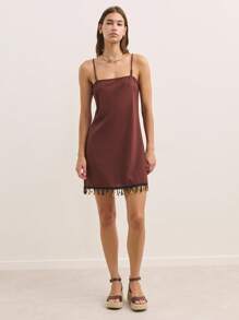 Nöista Earthy Brown Straight-Cut Summer Slip Dress With Thin Straps And Tassel Hem. Lightweight Breathable Fabric Fits Summer Dresses For Women, Summer Outfits For Women, Cute Summer Tops, Women's Summer Clothes, Plus Size Summer Clothes, And Perfect For Vacation Or European Summer Style. Ideal For Casual 4th Of July Outfit Women.